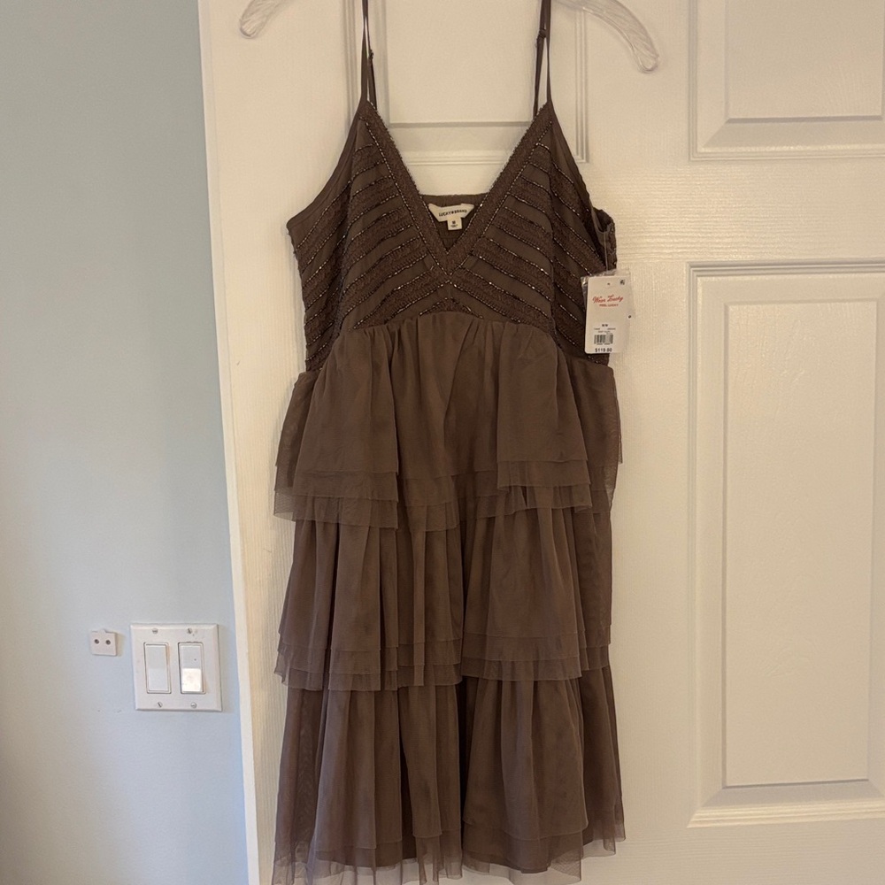 Lucky Brand Taupe Tiered V-Neck Spaghetti Strap Dress